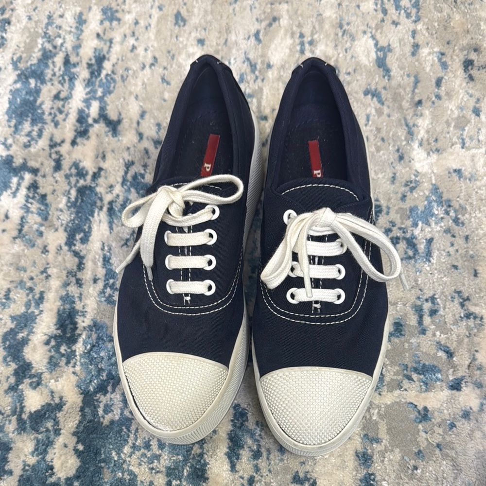 Prada Navy and White Sneakers with Timeless Appeal